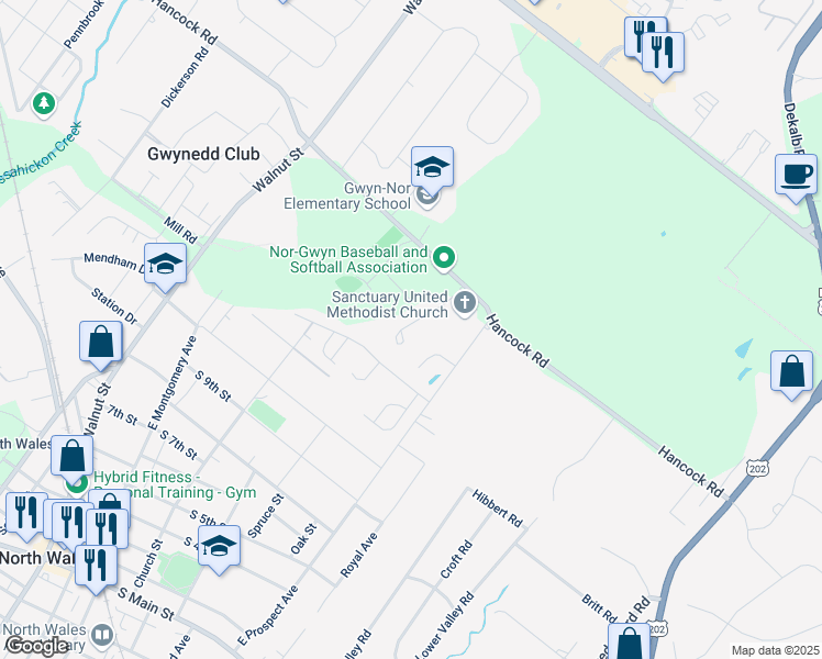 map of restaurants, bars, coffee shops, grocery stores, and more near 446 Sanctuary Court in North Wales