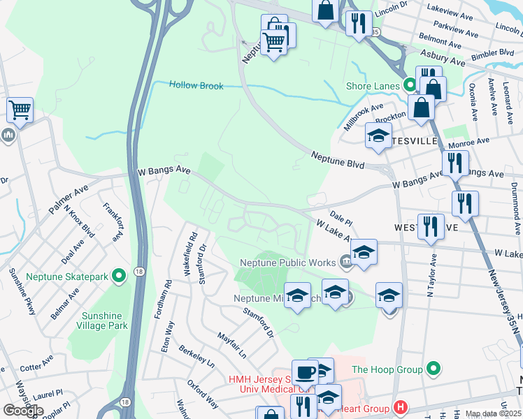 map of restaurants, bars, coffee shops, grocery stores, and more near 401 Alpine Trail in Neptune City