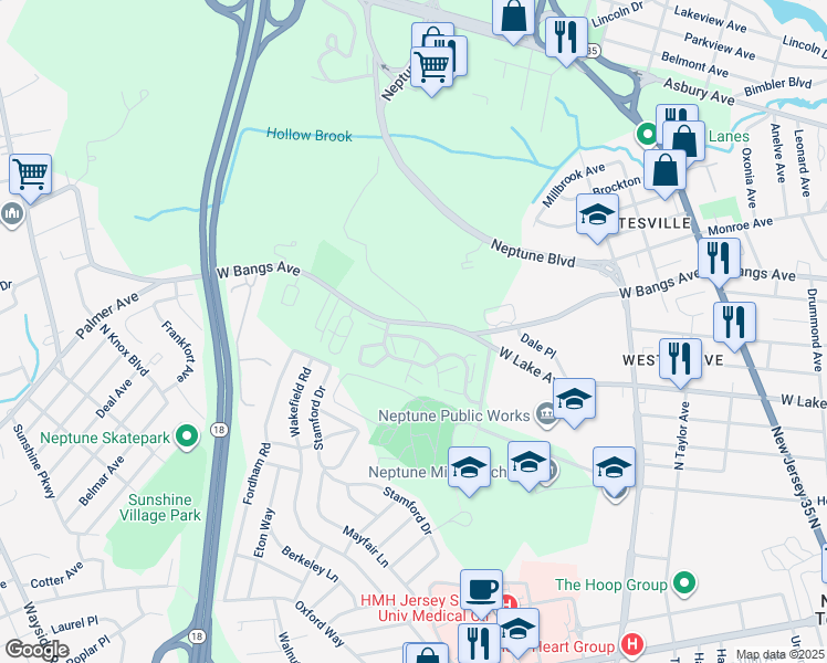 map of restaurants, bars, coffee shops, grocery stores, and more near 401 Alpine Trail in Neptune City