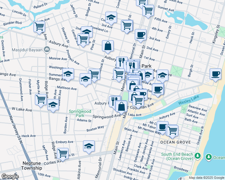 map of restaurants, bars, coffee shops, grocery stores, and more near 1000 Bangs Avenue in Asbury Park