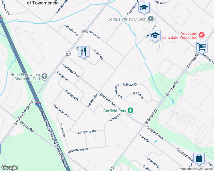 map of restaurants, bars, coffee shops, grocery stores, and more near 1831 Supplee Road in Lansdale