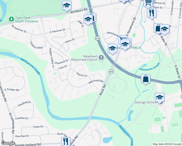 map of restaurants, bars, coffee shops, grocery stores, and more near 14 Hillcroft Way in Newtown