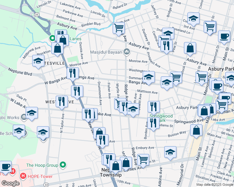 map of restaurants, bars, coffee shops, grocery stores, and more near 415 Myrtle Avenue in Neptune City