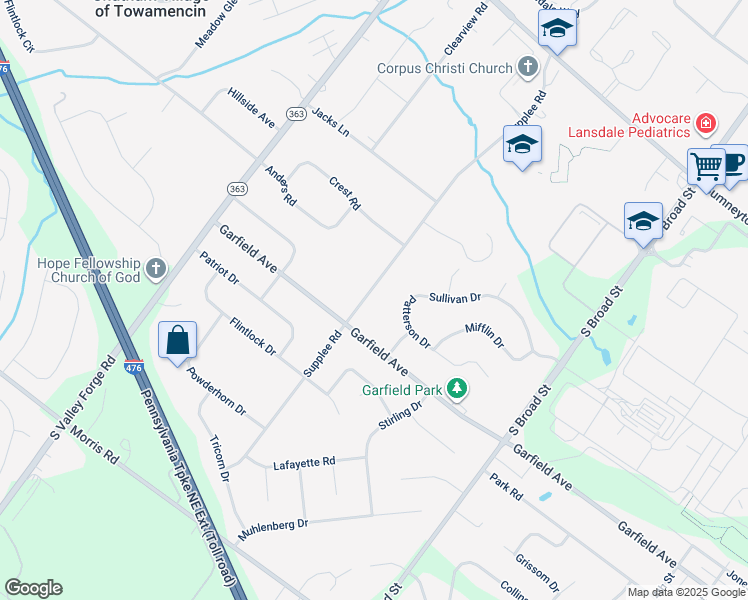 map of restaurants, bars, coffee shops, grocery stores, and more near 1831 Supplee Road in Lansdale