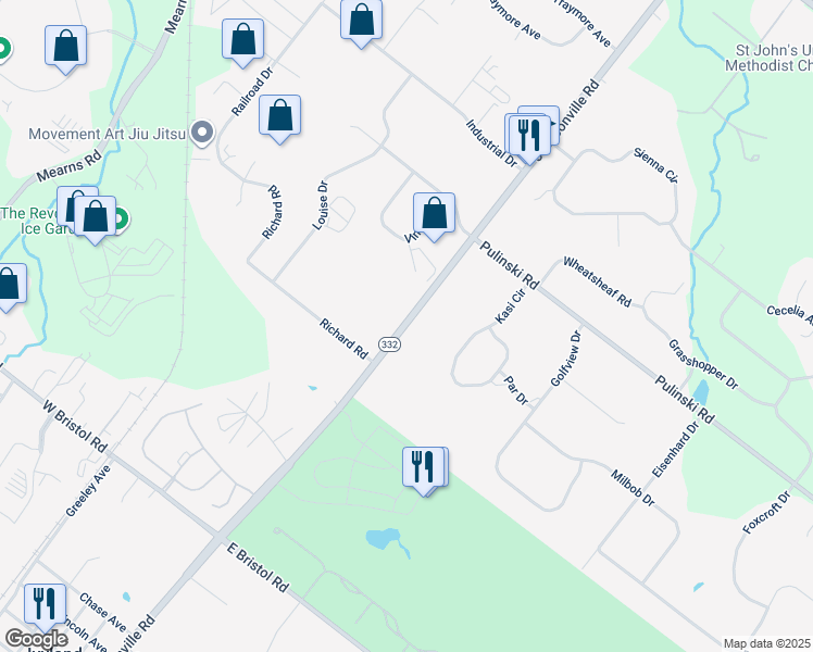 map of restaurants, bars, coffee shops, grocery stores, and more near 250 Pennsylvania 332 in Warminster