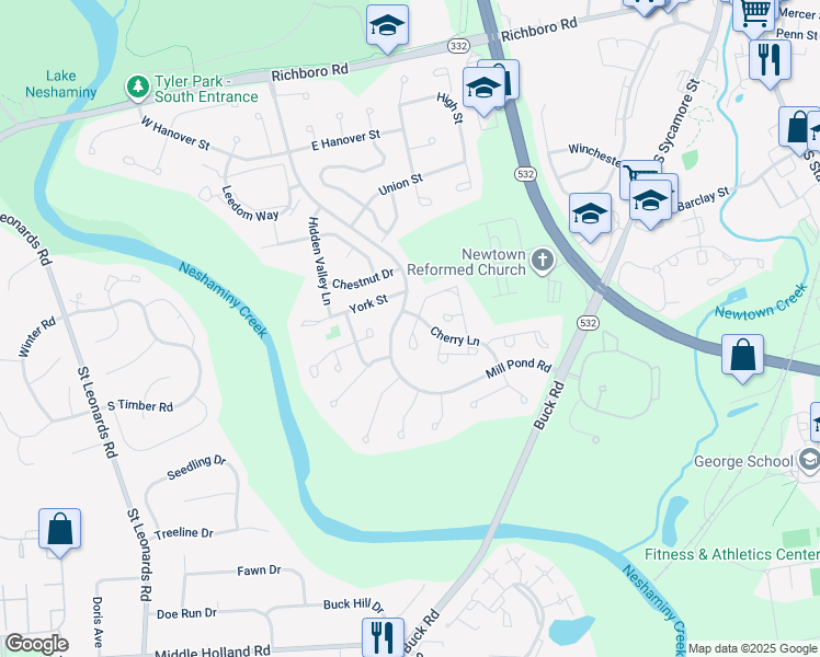 map of restaurants, bars, coffee shops, grocery stores, and more near 62 Ardsley Court in Newtown