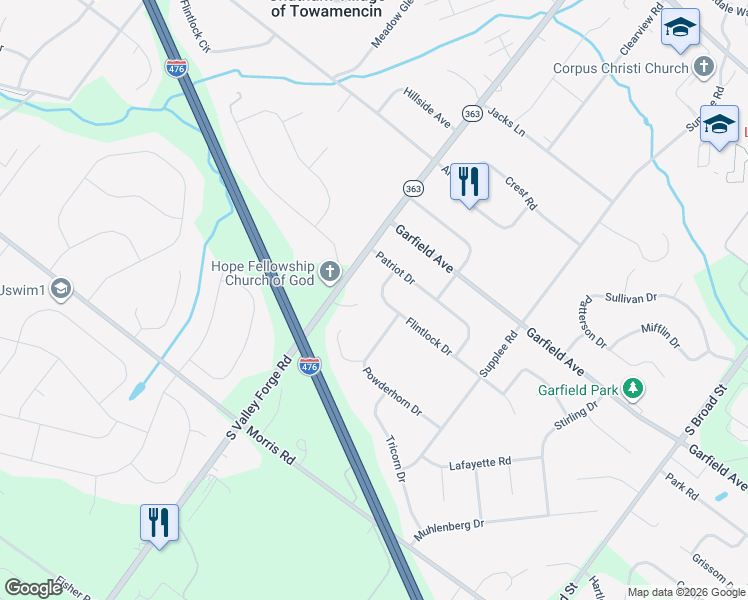 map of restaurants, bars, coffee shops, grocery stores, and more near 952 Flintlock Drive in Lansdale