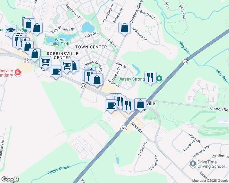 map of restaurants, bars, coffee shops, grocery stores, and more near 210 Union Street in Robbinsville Township