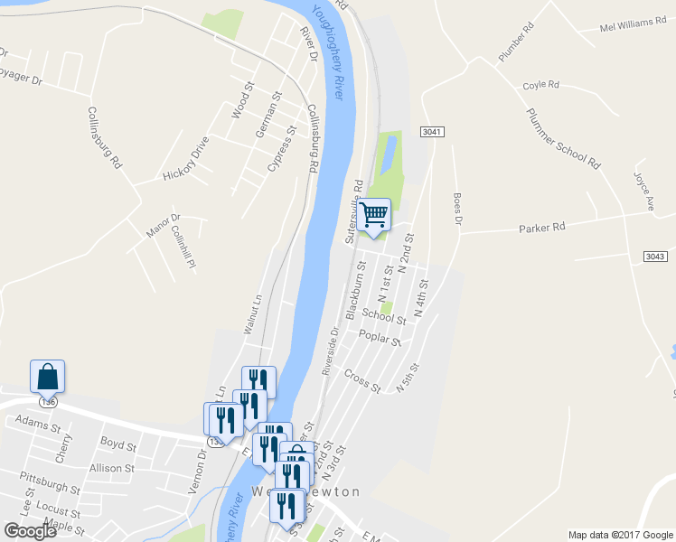map of restaurants, bars, coffee shops, grocery stores, and more near 313 Railroad Street in West Newton