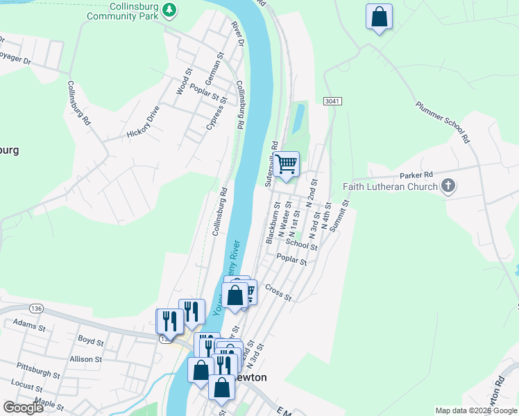map of restaurants, bars, coffee shops, grocery stores, and more near 313 Railroad Street in West Newton