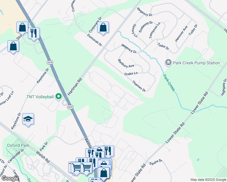 map of restaurants, bars, coffee shops, grocery stores, and more near 105 Lincoln Drive in North Wales
