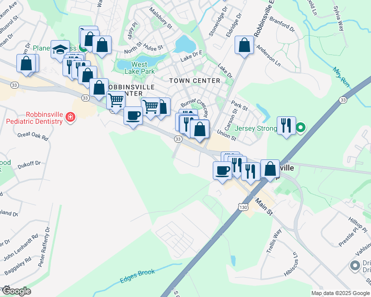 map of restaurants, bars, coffee shops, grocery stores, and more near 2353 New Jersey 33 in Robbinsville Township