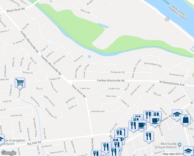 map of restaurants, bars, coffee shops, grocery stores, and more near 1220 Yardley Road in Yardley