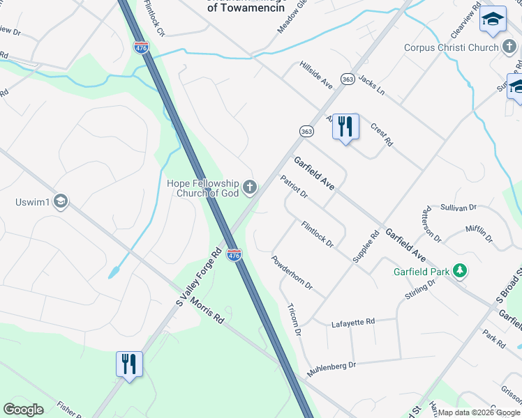 map of restaurants, bars, coffee shops, grocery stores, and more near 1939 South Valley Forge Road in Lansdale
