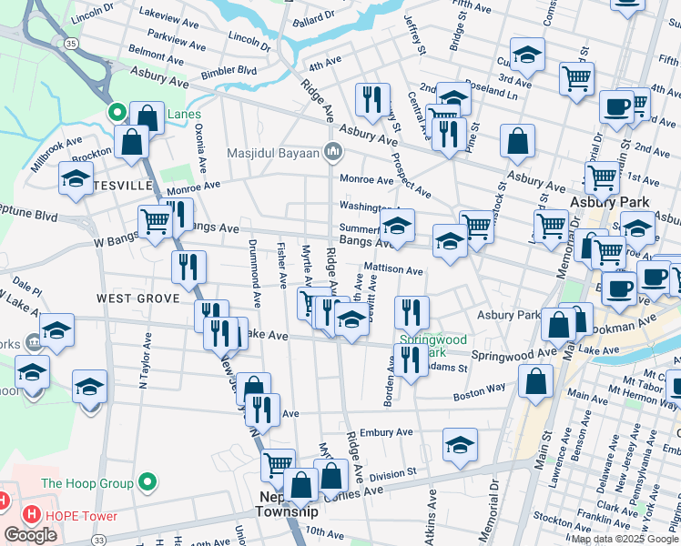 map of restaurants, bars, coffee shops, grocery stores, and more near 157 Ridge Avenue in Asbury Park