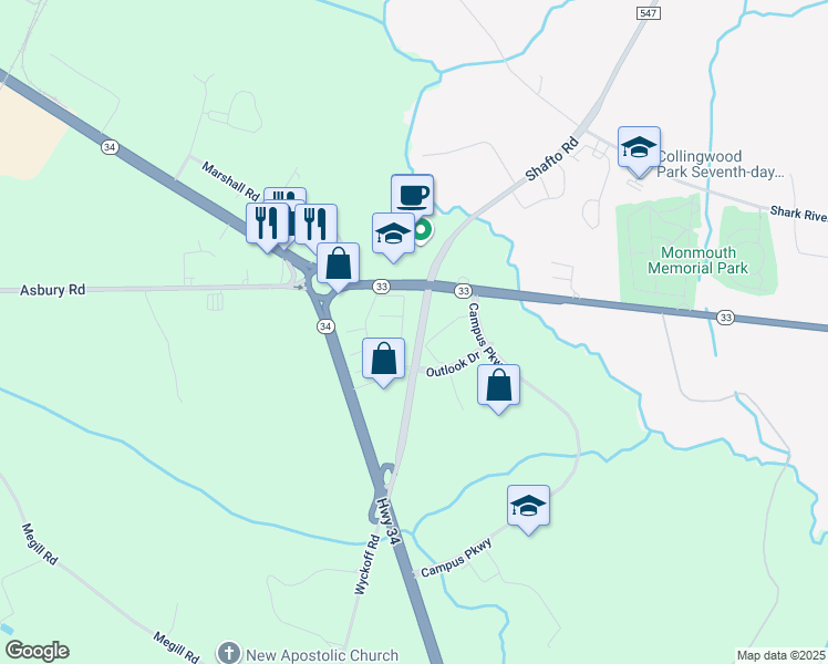 map of restaurants, bars, coffee shops, grocery stores, and more near 1307 Wyckoff Road in Wall Township