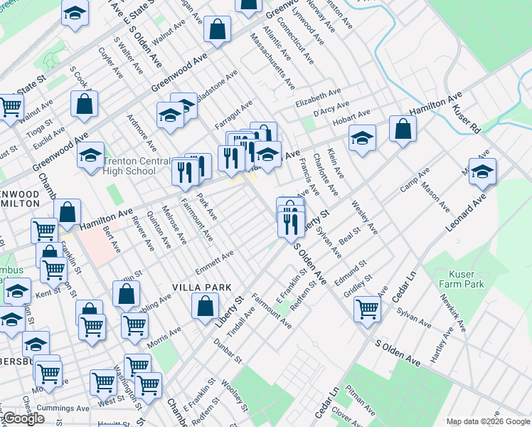 map of restaurants, bars, coffee shops, grocery stores, and more near 635 South Olden Avenue in Trenton