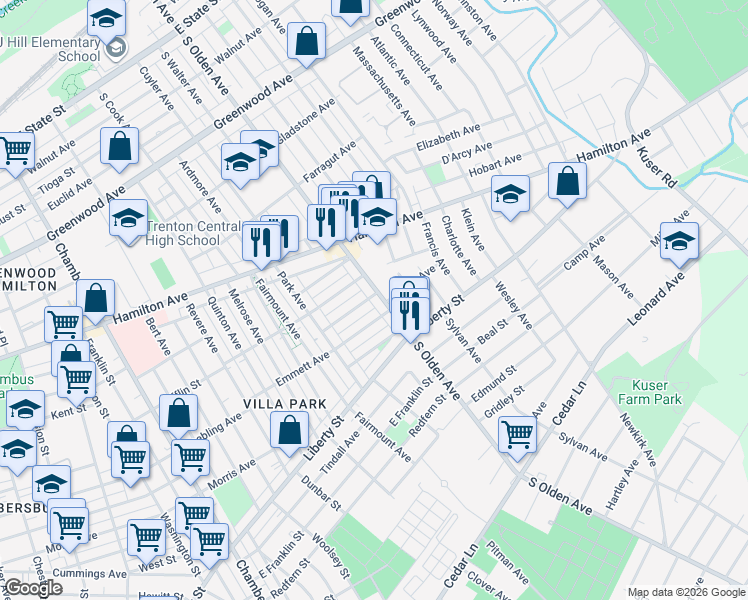 map of restaurants, bars, coffee shops, grocery stores, and more near 635 South Olden Avenue in Trenton