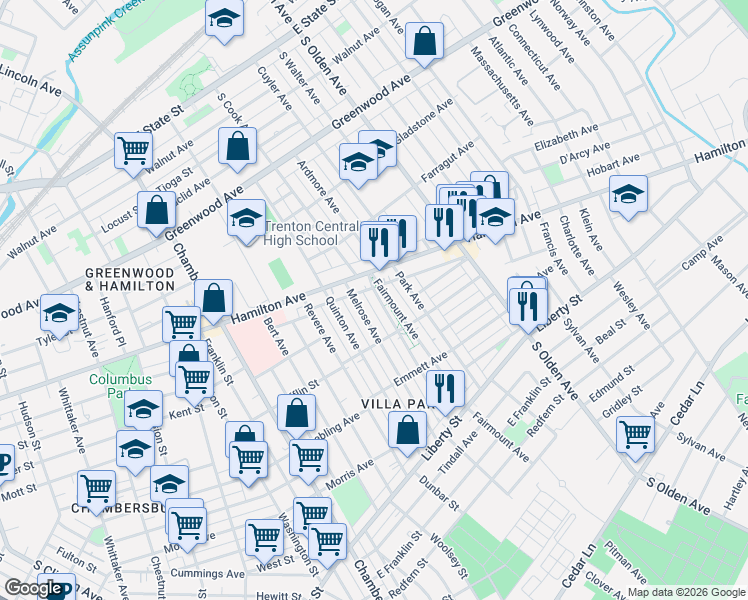 map of restaurants, bars, coffee shops, grocery stores, and more near 824 Fairmount Avenue in Trenton