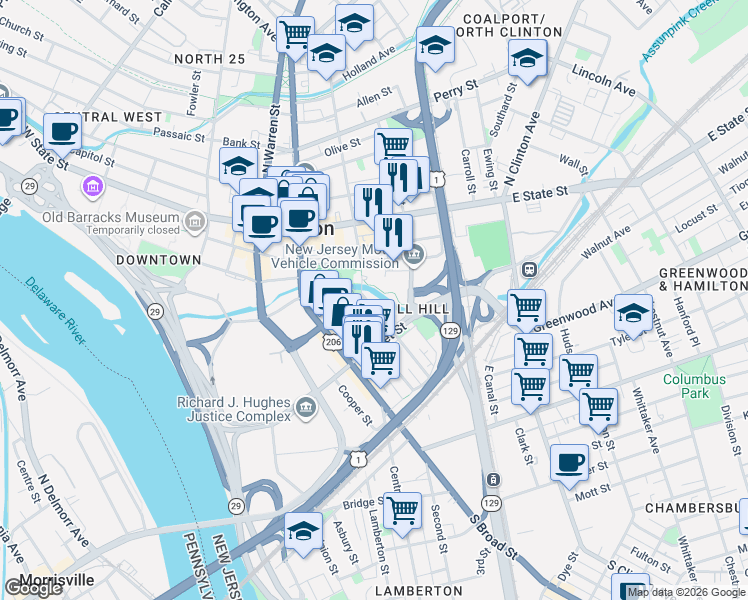 map of restaurants, bars, coffee shops, grocery stores, and more near 126 Mercer Street in Trenton