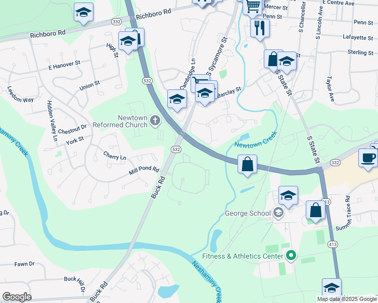 map of restaurants, bars, coffee shops, grocery stores, and more near 208 Diamond Drive in Newtown