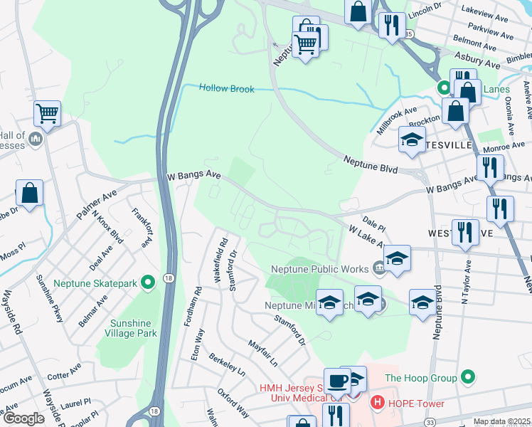 map of restaurants, bars, coffee shops, grocery stores, and more near 101 Alpine Trail in Neptune City