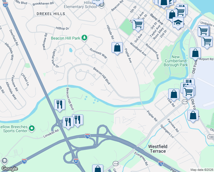 map of restaurants, bars, coffee shops, grocery stores, and more near 1150 Brockton Circle in New Cumberland