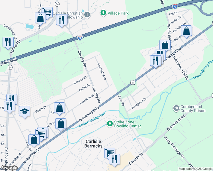 map of restaurants, bars, coffee shops, grocery stores, and more near 1010 Harriet Street in Carlisle