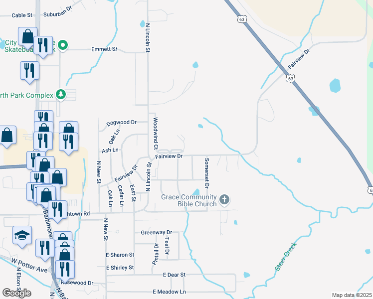 map of restaurants, bars, coffee shops, grocery stores, and more near 2-3010 Woodwind Court in Kirksville