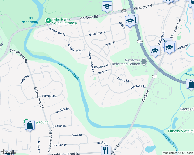 map of restaurants, bars, coffee shops, grocery stores, and more near 5 Princess Lane in Newtown