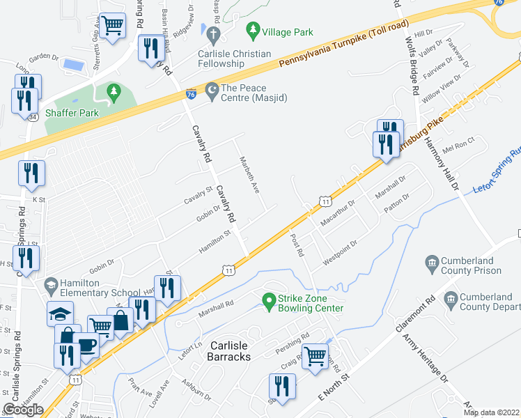 map of restaurants, bars, coffee shops, grocery stores, and more near 1010 Harriet St in Carlisle
