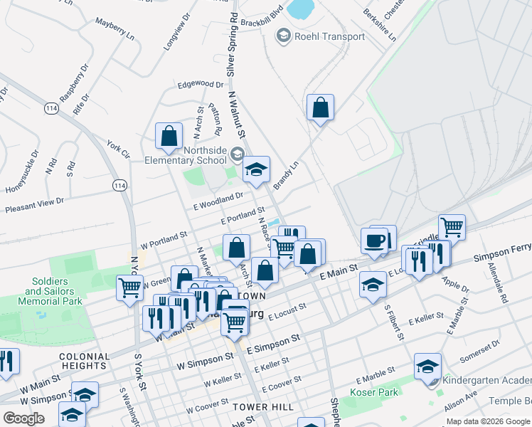 map of restaurants, bars, coffee shops, grocery stores, and more near 202 East Portland Street in Mechanicsburg