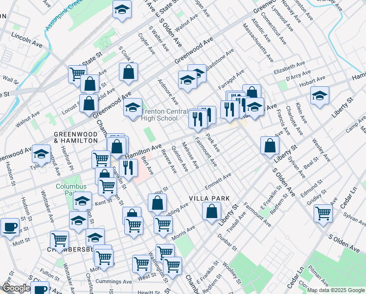 map of restaurants, bars, coffee shops, grocery stores, and more near 809 Melrose Avenue in Trenton