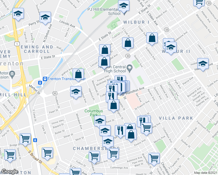 map of restaurants, bars, coffee shops, grocery stores, and more near 511 Tyler Street in Trenton