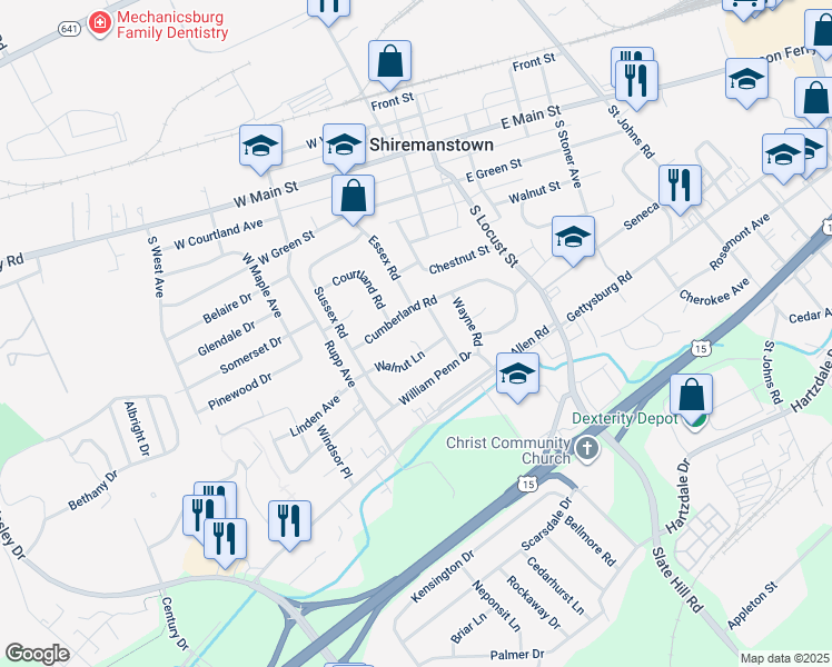 map of restaurants, bars, coffee shops, grocery stores, and more near 4 Walnut Circle in Camp Hill