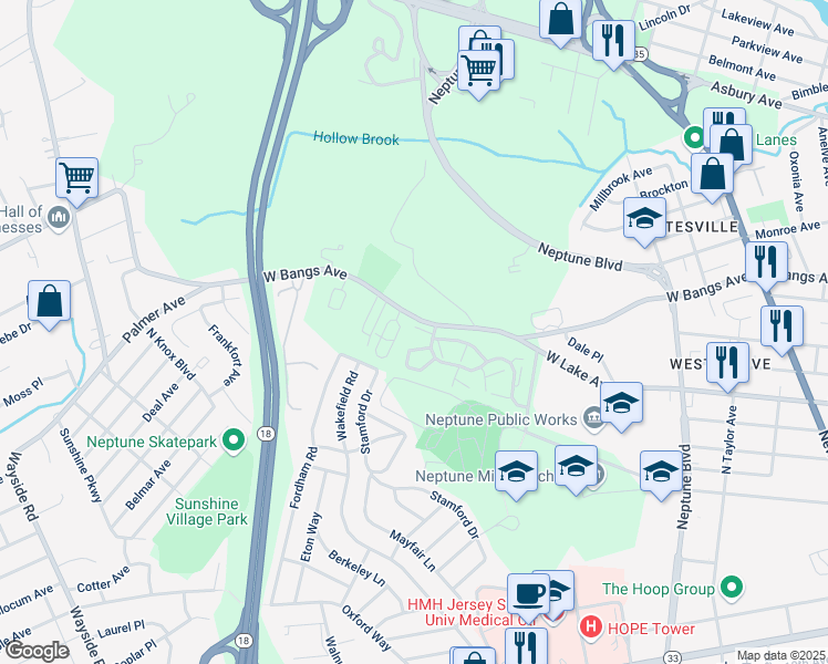 map of restaurants, bars, coffee shops, grocery stores, and more near 101 Alpine Trail in Neptune City