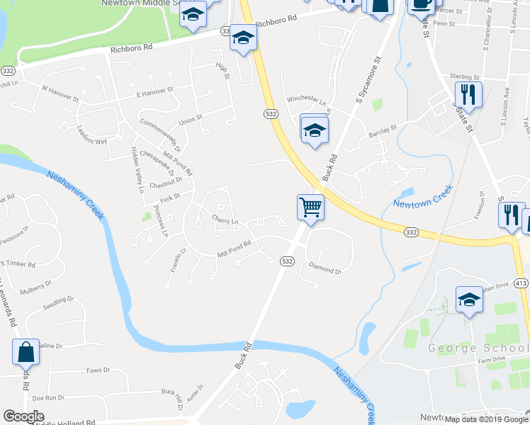 map of restaurants, bars, coffee shops, grocery stores, and more near 34 Hillcroft Way in Newtown