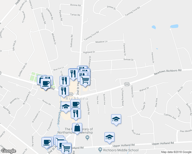 map of restaurants, bars, coffee shops, grocery stores, and more near 57 Titus Court in Richboro