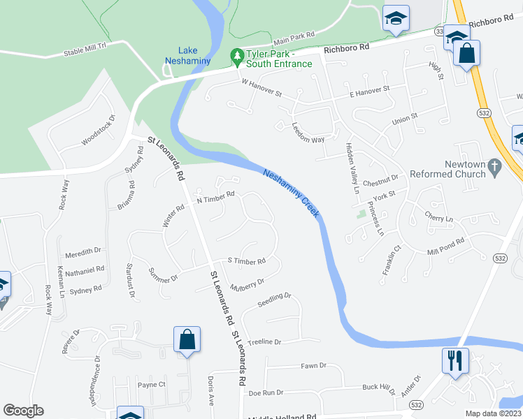 map of restaurants, bars, coffee shops, grocery stores, and more near 44 Cottonwood Drive in Southampton