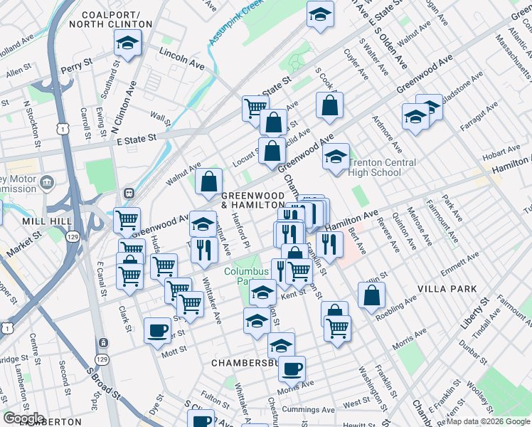 map of restaurants, bars, coffee shops, grocery stores, and more near in Trenton