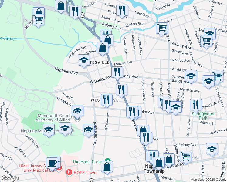 map of restaurants, bars, coffee shops, grocery stores, and more near 1959 Stratford Avenue in Neptune City