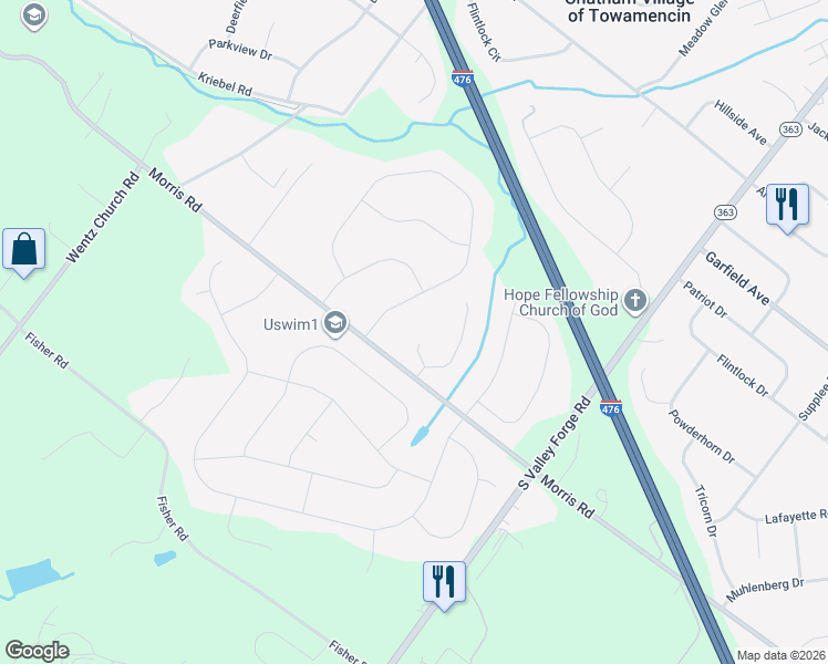 map of restaurants, bars, coffee shops, grocery stores, and more near 1142 Squires Way in Lansdale
