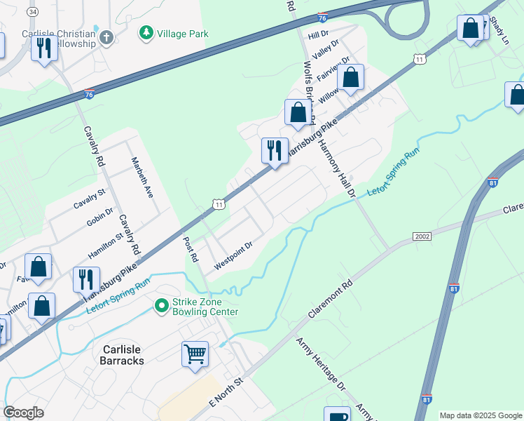 map of restaurants, bars, coffee shops, grocery stores, and more near 202 Westpoint Drive in Carlisle