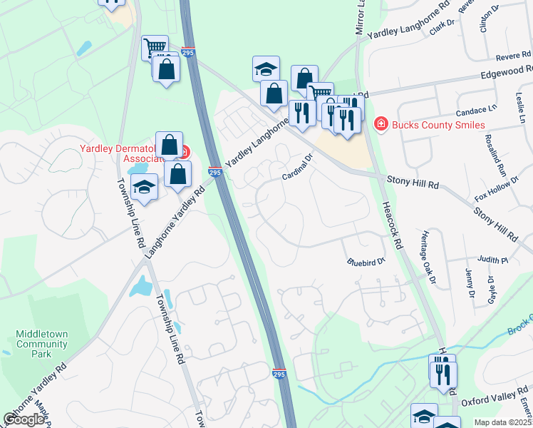 map of restaurants, bars, coffee shops, grocery stores, and more near 1784 North Dove Road in Yardley