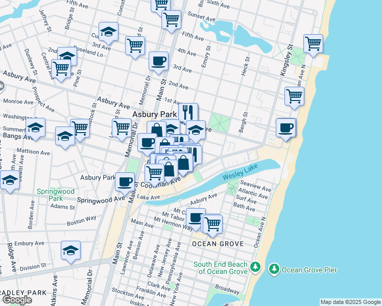 map of restaurants, bars, coffee shops, grocery stores, and more near 508 Monroe Avenue in Asbury Park