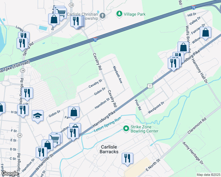 map of restaurants, bars, coffee shops, grocery stores, and more near 115 Cavalry Road in Carlisle