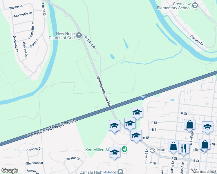 map of restaurants, bars, coffee shops, grocery stores, and more near 1051 Waggoners Gap Road in Carlisle
