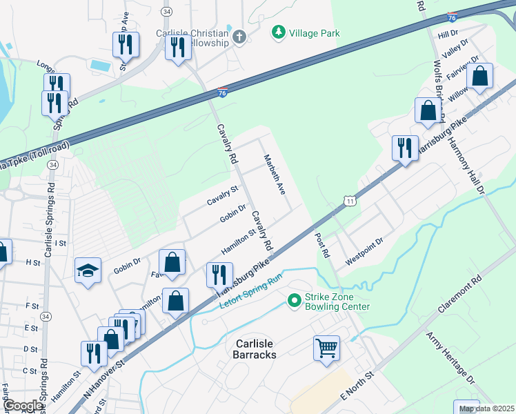 map of restaurants, bars, coffee shops, grocery stores, and more near 115 Cavalry Rd in Carlisle
