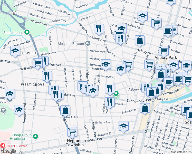 map of restaurants, bars, coffee shops, grocery stores, and more near 1406 Mattison Avenue in Asbury Park