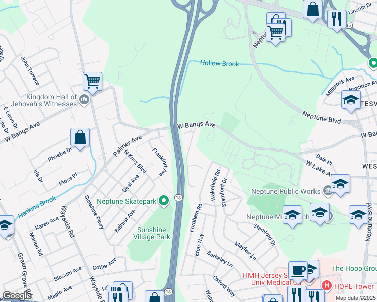 map of restaurants, bars, coffee shops, grocery stores, and more near 46 Winding Ridge Drive in Neptune City